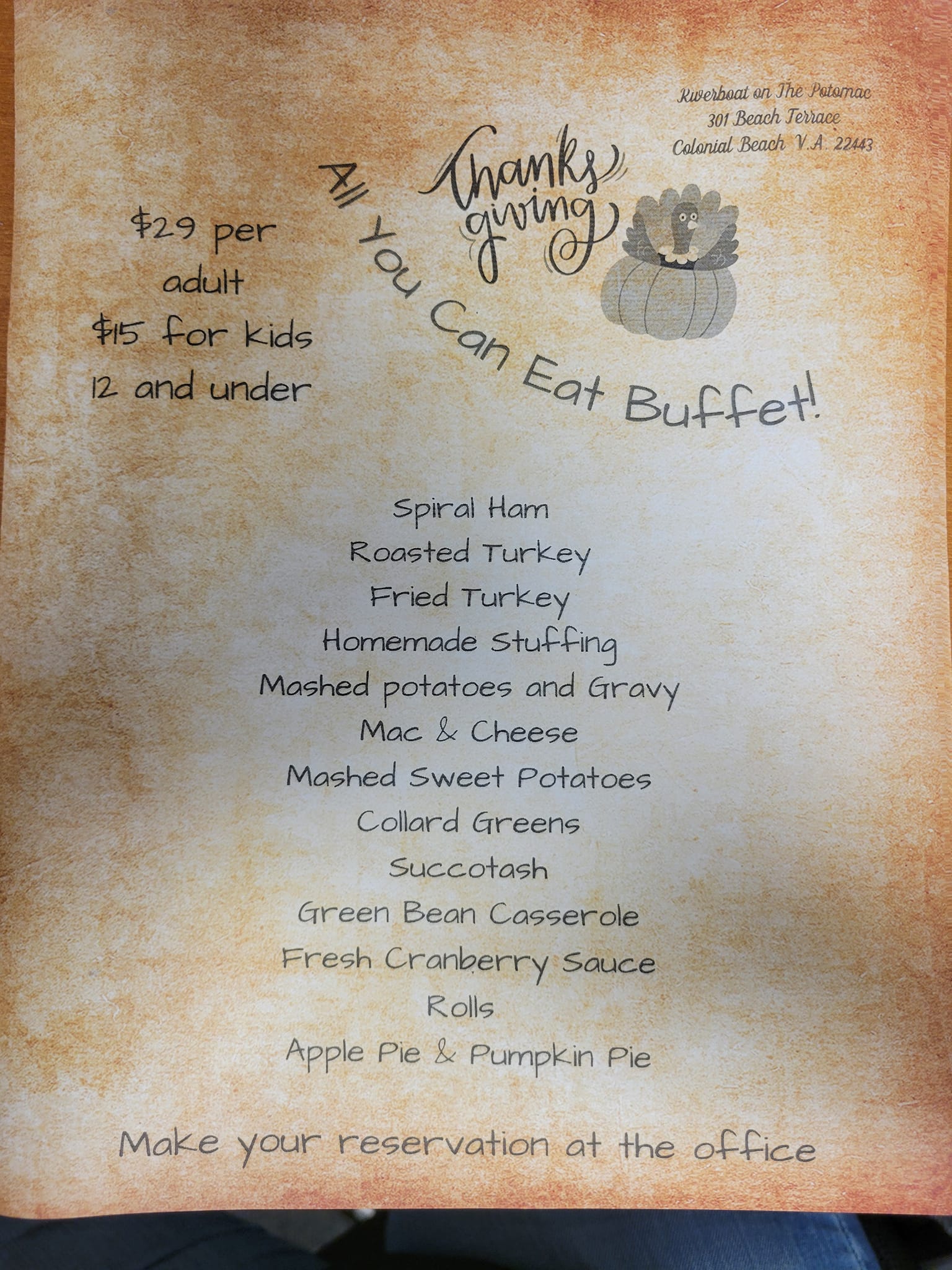 2024 Thanksgiving menu for Riverboat