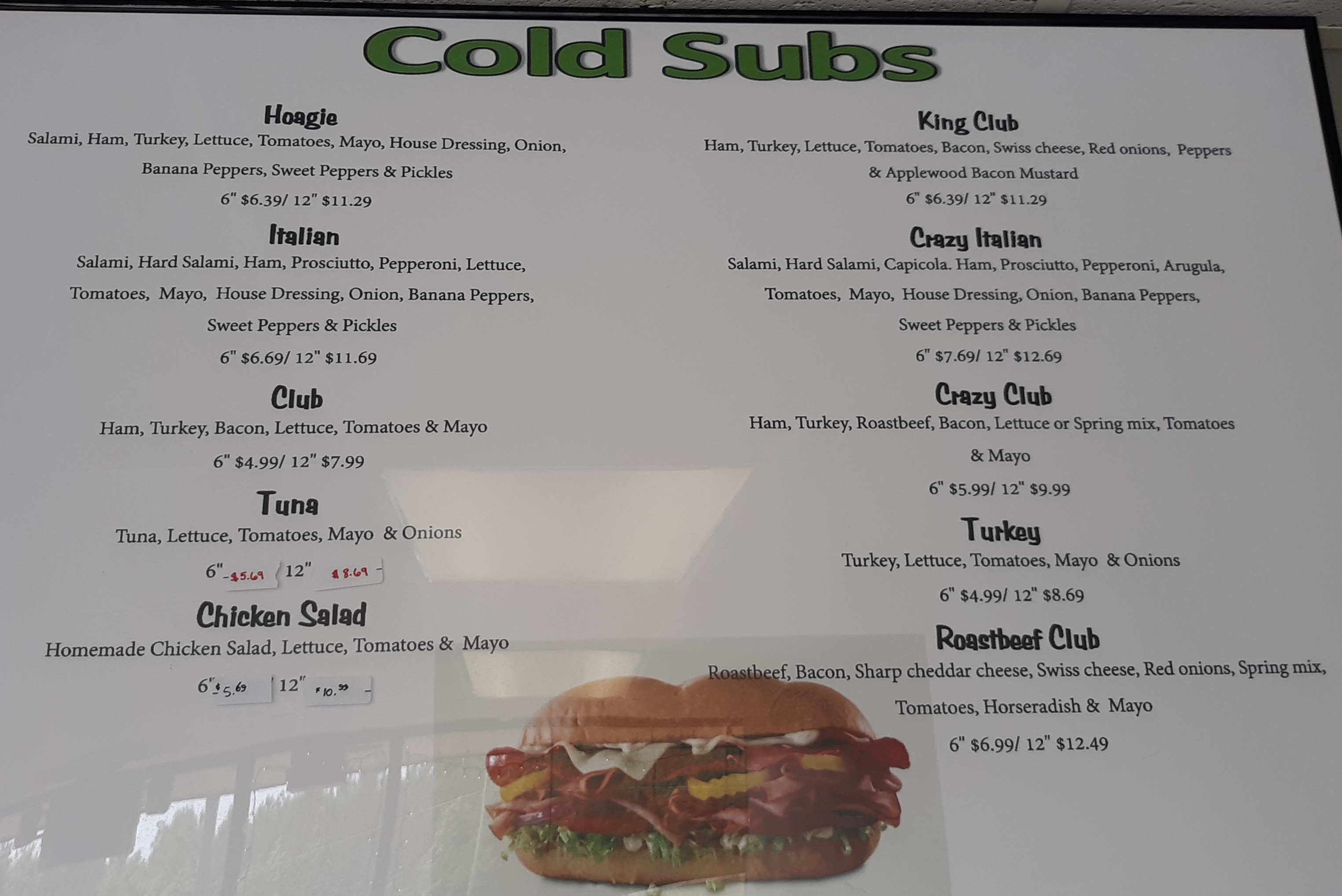 Crazy Jacks Cold Subs Menu