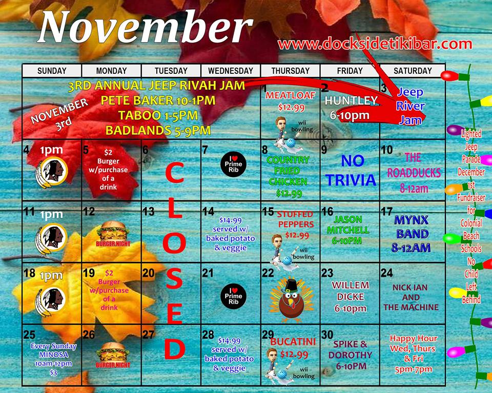 Dockside's November 2018 Calendar