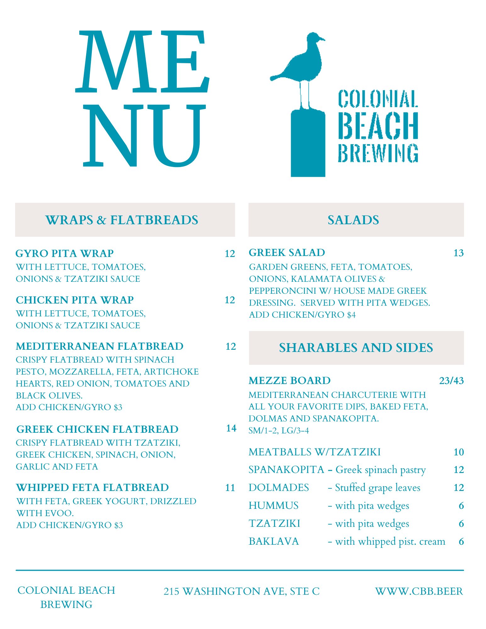 Colonial Beach Brewing Menu