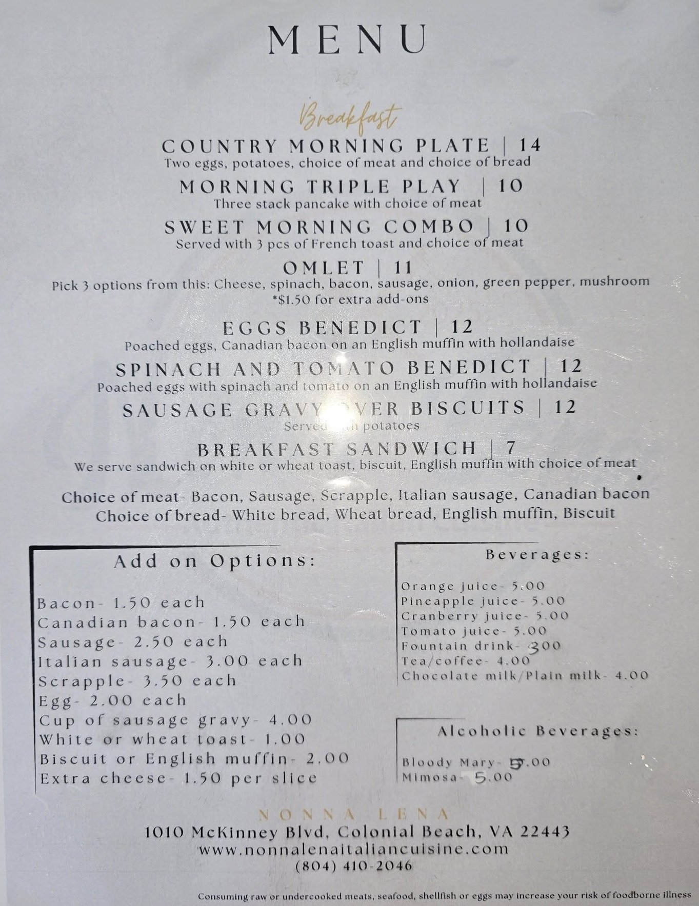 Nonna Lena Breakfast Menu